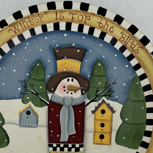 Hand-Painted Wooden Bowl 8" Snowman Design "Winter Is For The Birds" Rustic - Picture 3 of 6